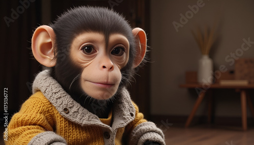 Adorable monkey with serious expression wearing a knitted yellow sweater indoors
 photo