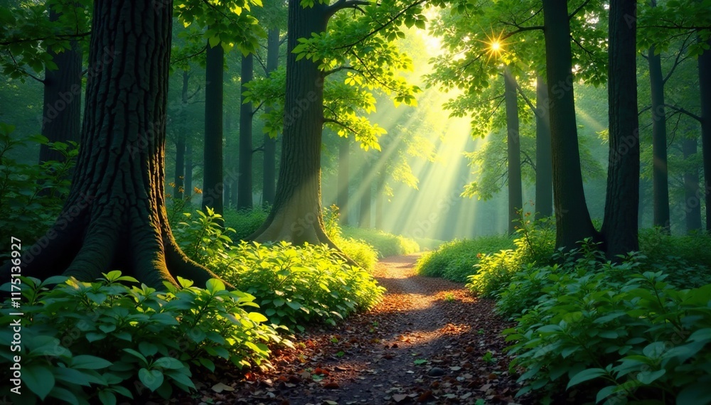 Obraz premium A single arrow points into the heart of the forest, forest path, leafy