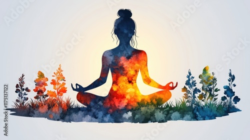 Colorful silhouette of woman meditating among vibrant flowers in nature scene. March 8, International Women's Day. Mother's Day