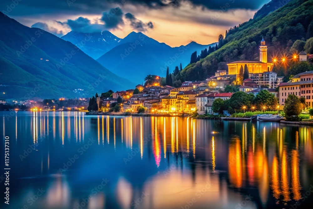 Fototapeta premium Romantic Night in Lake Como: Vertical Bokeh Landscape Photography