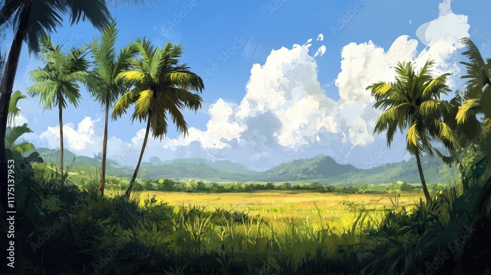 A tropical landscape with tall palm trees swaying over a field of green grass and wild vegetation. A tropical landscape with tall palm trees swaying over a field of green grass and wild vegetation.