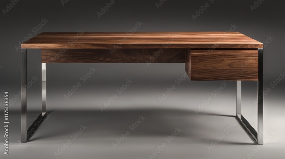 Modern walnut desk, steel legs, minimalist studio, single drawer, home office Modern walnut desk, steel legs, minimalist studio, single drawer, home office
