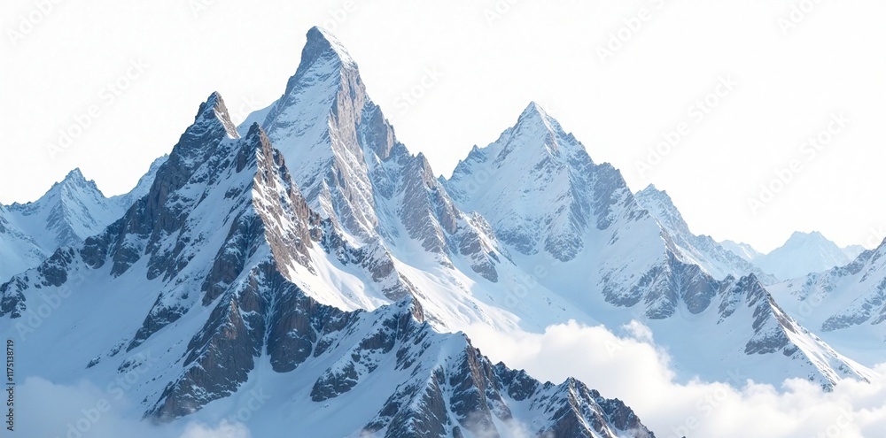 Obraz premium Towering mountain peaks meet the sky on a pristine white backdrop, serene, rugged, isolated