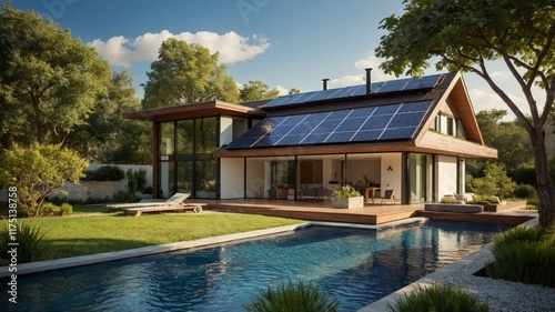 Modern Solar Home: Poolside Serenity and Eco-Chic Design