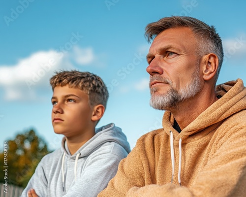 A father standing proudly with his son at a school event, representing unwavering support and family responsibility Capture the essence of paternal pride and the bond between father and son in this photo