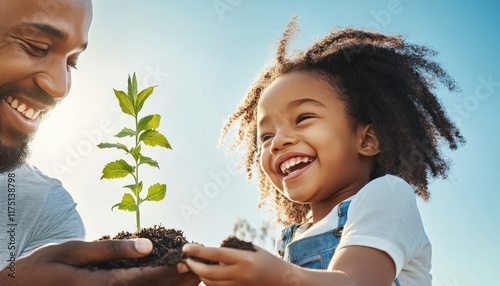 A father guiding his daughter as she learns to plant flowers in a garden, their hands covered in soil, smiles of nurture and growth This heartwarming image captures the essence of family, gardening