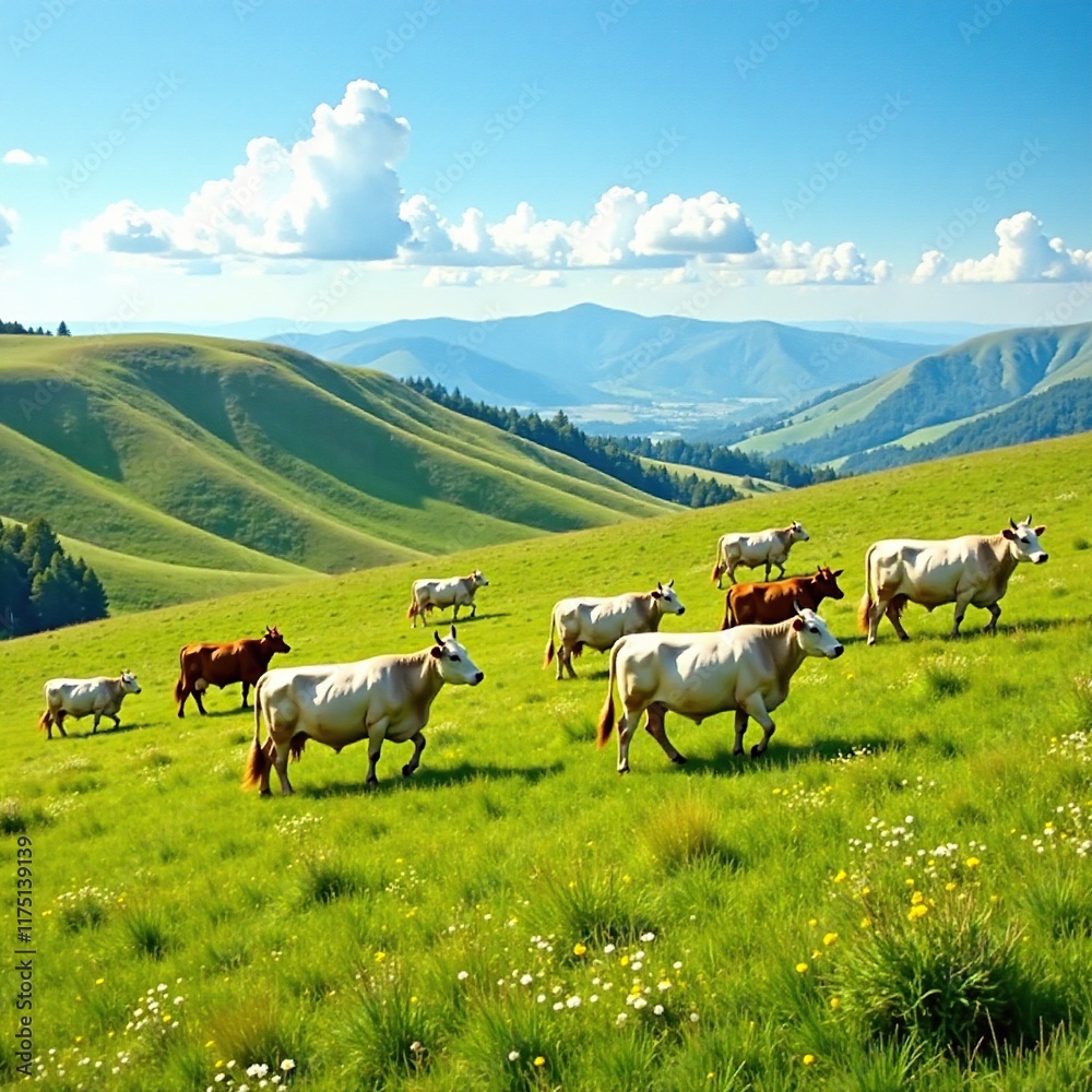 Fototapeta premium Cattle roaming freely in open fields on sloping land, hillside, fields, livestock