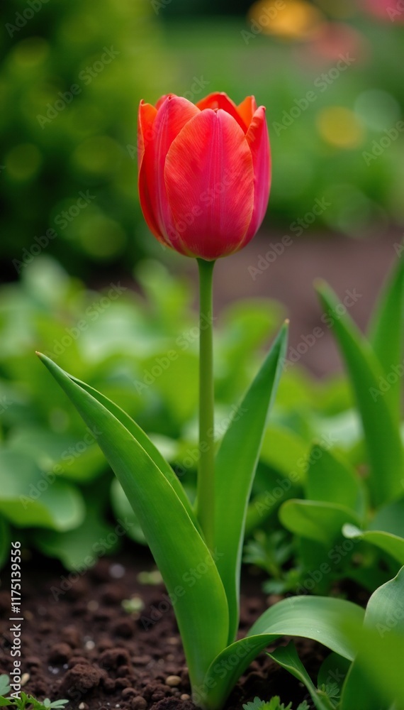Tulip plant growing in a garden bed with lush greenery, garden, nature, greenery Tulip plant growing in a garden bed with lush greenery, garden, nature, greenery