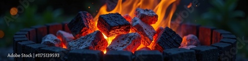 Coals and embers in a barbecue, glowing with orange warmth, evening, warmth