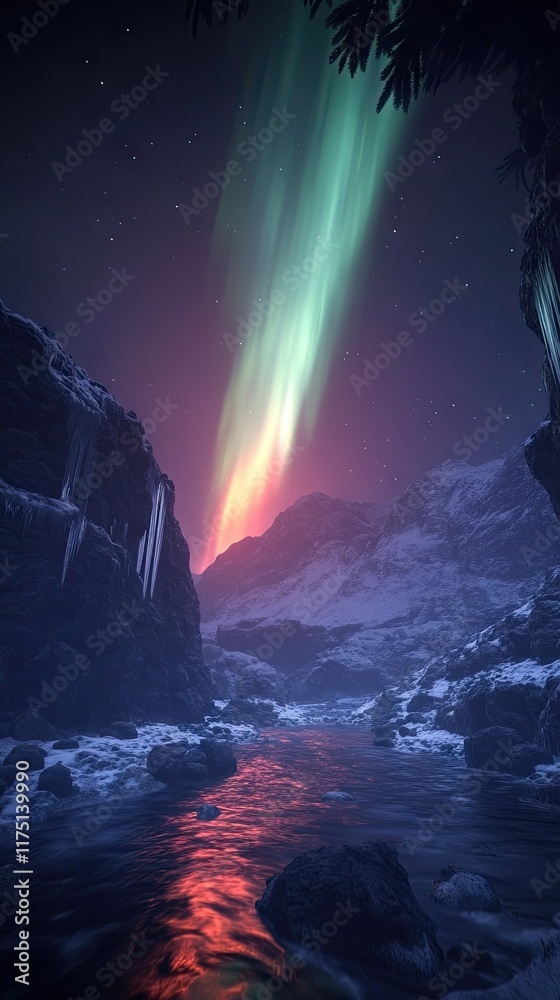 Fototapeta premium A serene landscape featuring a river, snow-capped mountains, and vibrant auroras in the night sky.