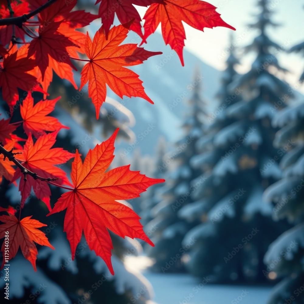 Crimson maple leaves against a backdrop of snow-covered evergreen trees, warm tones, autumn colors Crimson maple leaves against a backdrop of snow-covered evergreen trees, warm tones, autumn colors