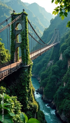 Vines and creepers climb the pillars of a suspension bridge over a winding river, jungle, greenery, trees