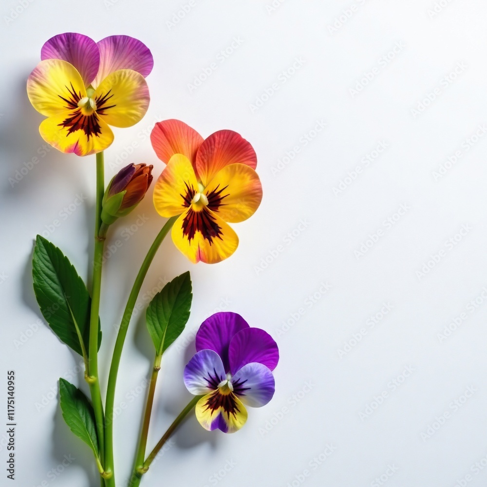 Fototapeta premium Viola flowers on a white surface with a subtle gradient, gradient, nature
