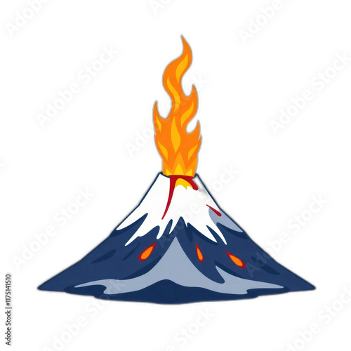 Erupting volcano illustration, fiery peak, nature background, educational use.