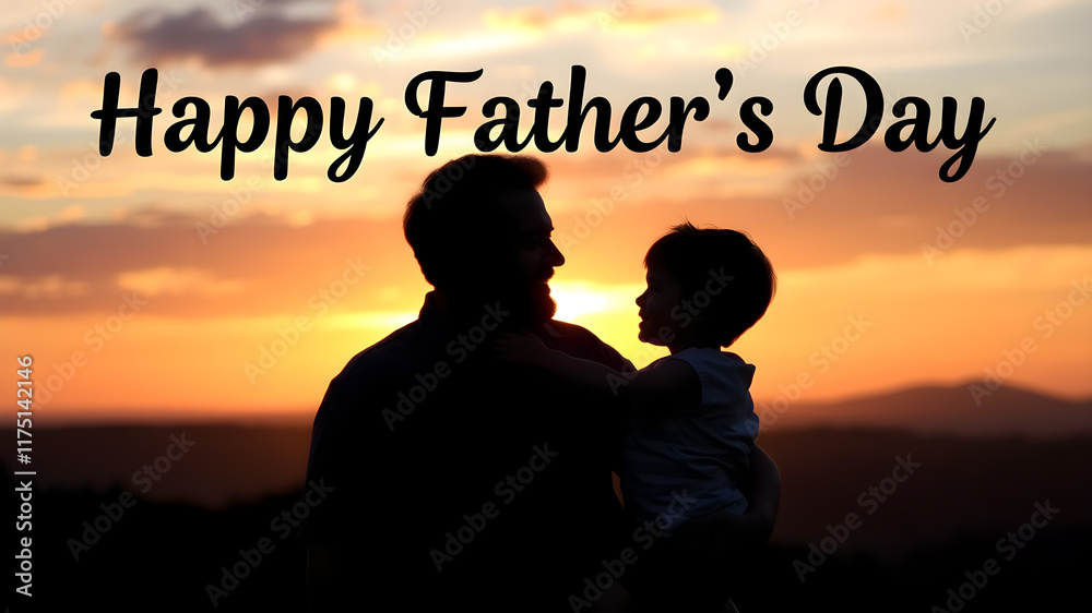 Fototapeta premium Happy Father's Day Dad and son silhouette sunset. Generative AI