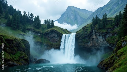 Waterfall amidst mountains and trees in misty weather, cloudy, mountain, sky