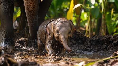 baby elephant playfully splashing in a mud puddle while its mother watches protectively nearby in a lush green fores photo