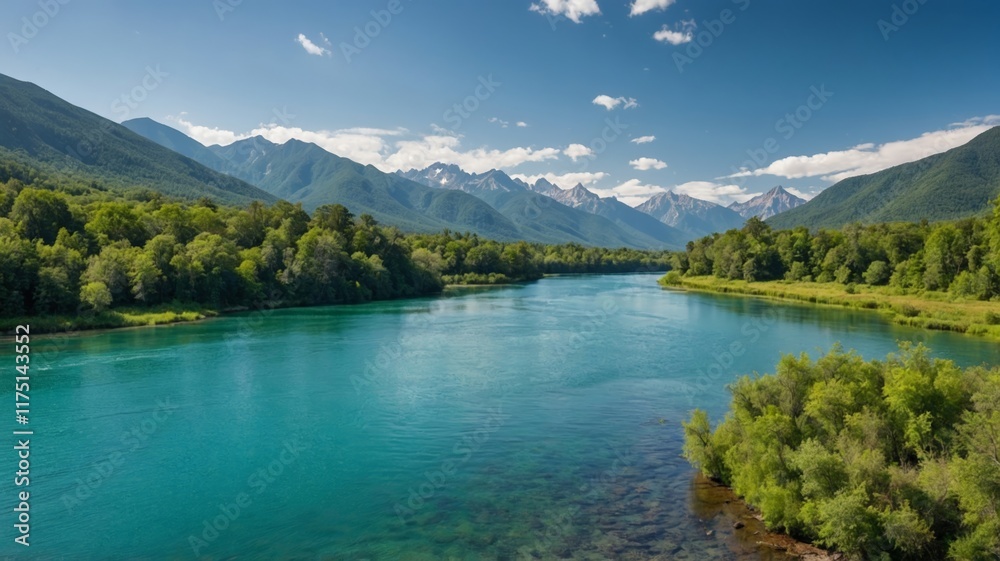 Serene Turquoise River Winding Through Lush Green Mountainscape Serene Turquoise River Winding Through Lush Green Mountainscape