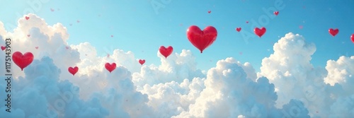 Gentle red heart shapes meander effortlessly across the bright blue canvas of a serene sky, cloud formations, soft colors, soft clouds