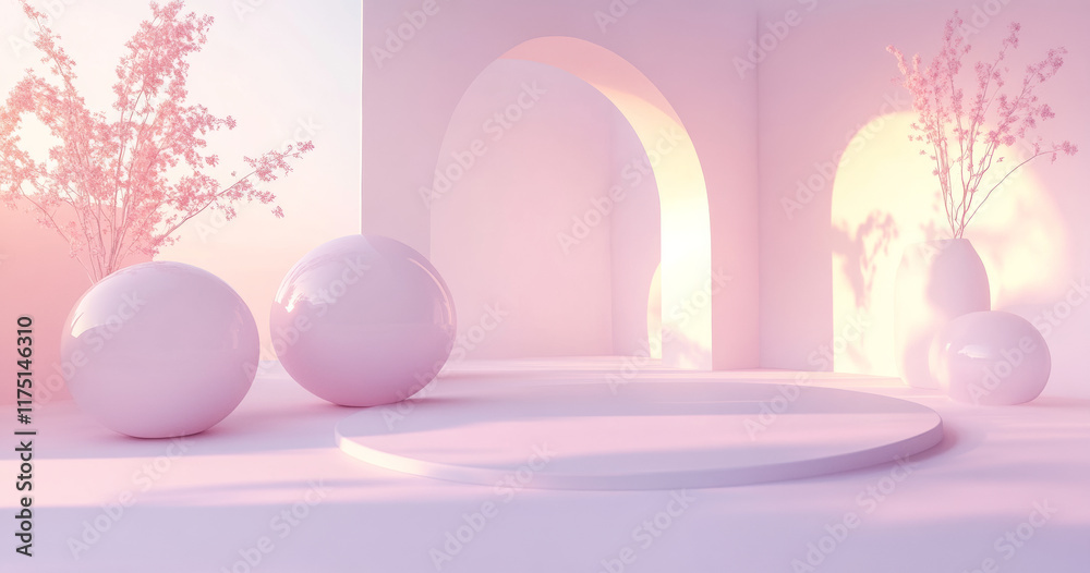 Soft pink abstract scene with spheres and arches Soft pink abstract scene with spheres and arches