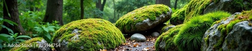 Moss carpet covering weathered granite boulders, landscape, botany, nature photo