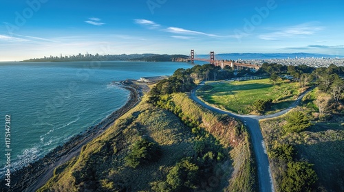 birds-eye view of the Golden Gate Bridge from a drone, capturing the vast expanse of the bridge as it connects San Francisco to the Marin Peninsula