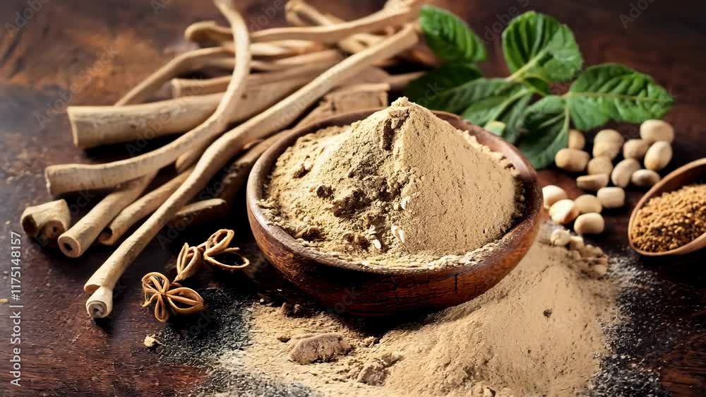 Ashwagandha Powder & Roots on Rustic Wood – Ayurvedic Adaptogen Blend 