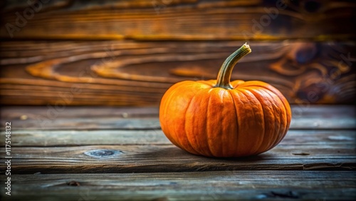 Rustic Autumn Still Life: Orange Pumpkin on Wooden Table photo