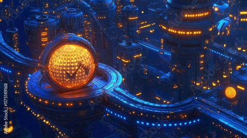 Blue Mosque city's iconic sphere reflects bright, blue, disco ball-like light, a celebration of design