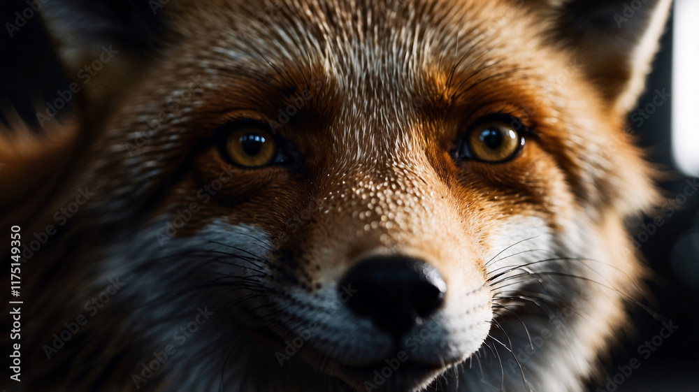 Fototapeta premium Detailed shot of a beautiful orange fox in professional quality photo with dark ambiance