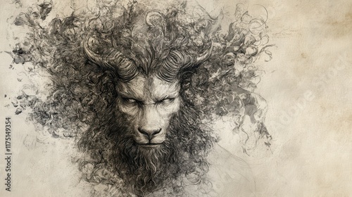 An ancient stone sculpture head, like a lion's or old woman's face, evokes a sense of scary, dark beauty