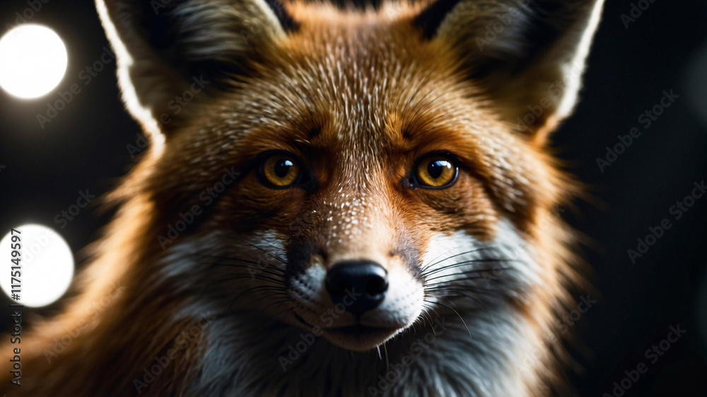 Fototapeta premium Dramatic professional portrait of an orange fox with muted dark background setting