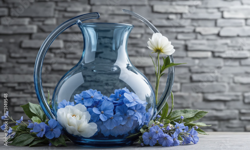 Bar Bat Mitzvah Celebration (Blue Hydrangeas White Roses Delphiniums) modern, round vase with water faintly illuminated in blue tones, photo