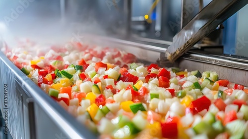 Close-up of diced vegetables on a conveyor belt in a food processing plant. Steam is visible, indicating a recent blanching or cooking process.