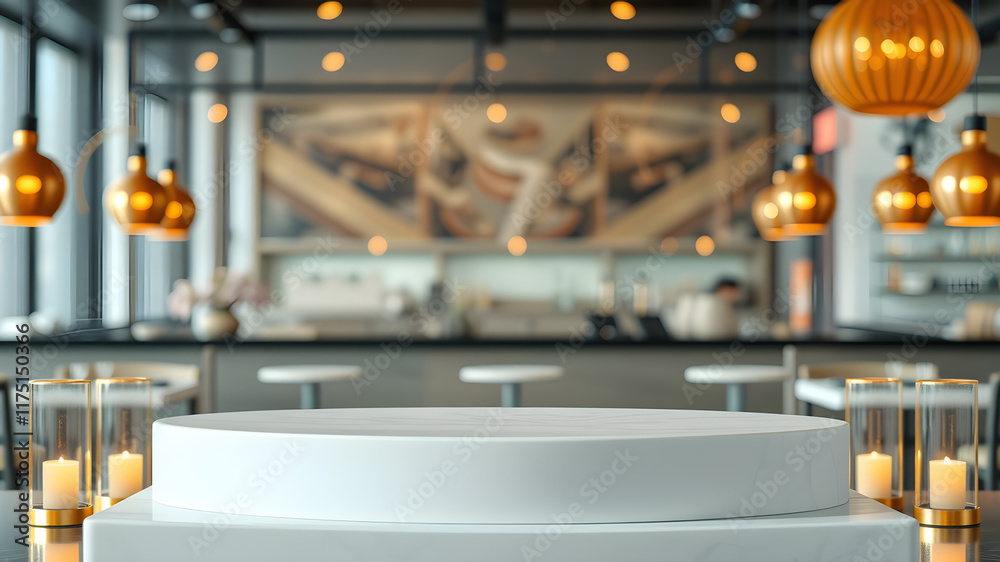 Image of table podium in front of restaurant abstract background. Generative AI Image of table podium in front of restaurant abstract background. Generative AI