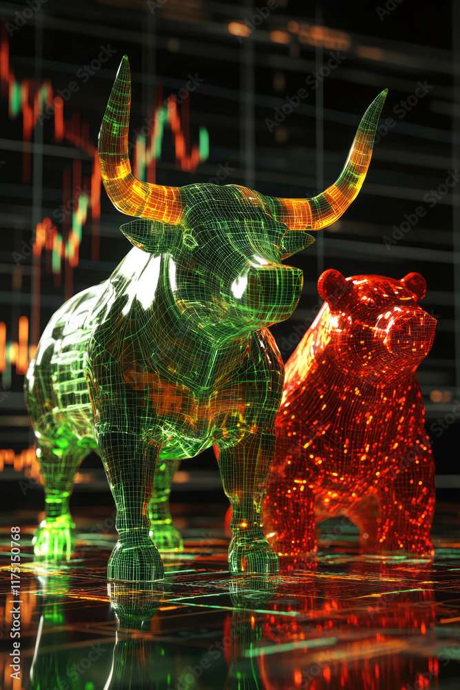 Digital green bull and red bear against stock market charts in background. Stock market trends concept Digital green bull and red bear against stock market charts in background. Stock market trends concept