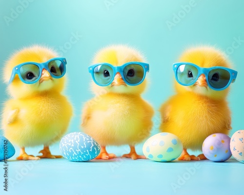 Adorable yellow chicks in blue sunglasses against a turquoise background for easter celebration