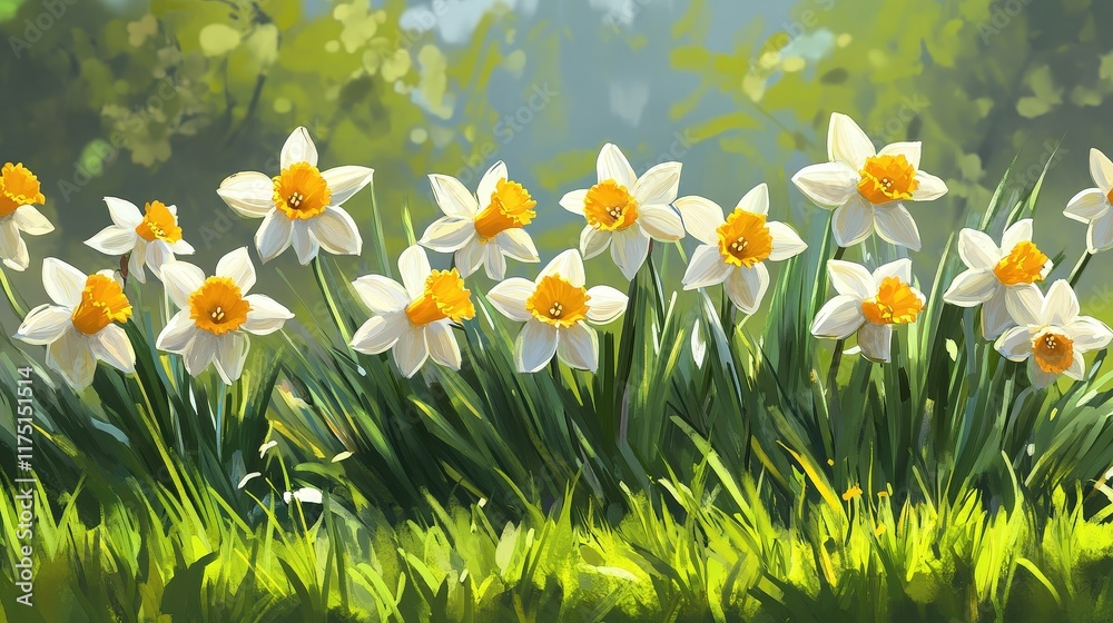 Fototapeta premium bright and cheerful patch of daffodils swaying in the breeze, their yellow petals standing out against the fresh green grass, welcoming the new season.