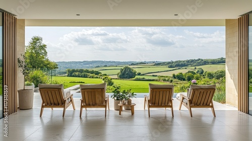 Modern patio chairs overlook scenic countryside pool