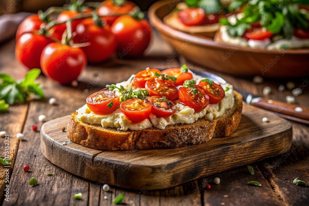 Rustic French Tartine with Lard, Cheese & Tomato - Copy Space Rustic French Tartine with Lard, Cheese & Tomato - Copy Space