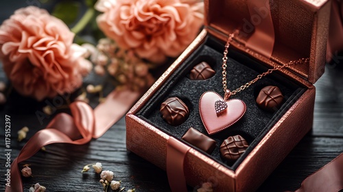 Heartfelt Chocolate Gift: Rose-Gold Pendant and Chocolates in Elegant Box