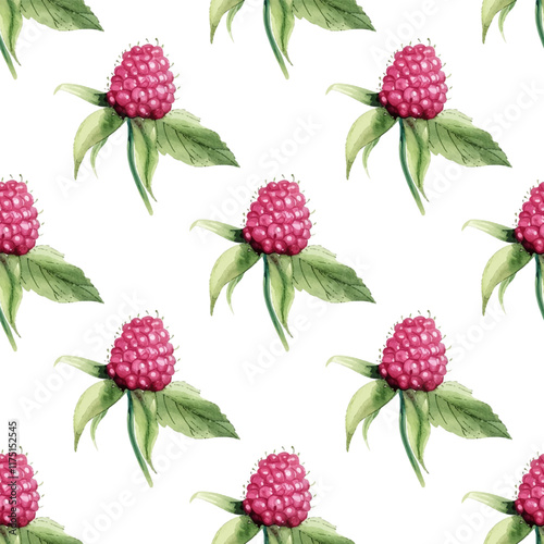Pink raspberry isolated vector illustration on white, pink crimson garden or forest berry fruits. Ripe raspberry jam fruits, fresh berry vector seamless pattern with green leaves,