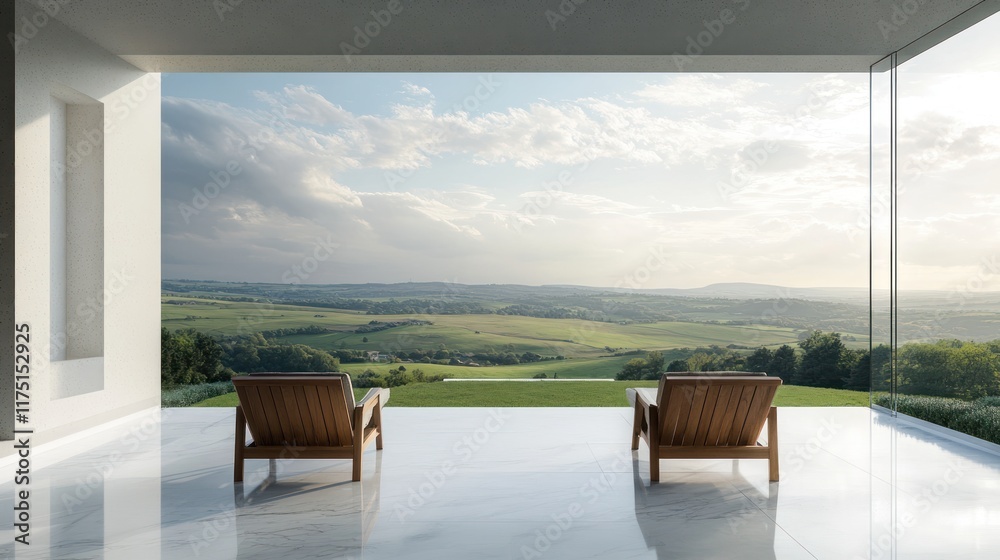 Fototapeta premium Modern chairs view serene landscape sunset luxury home