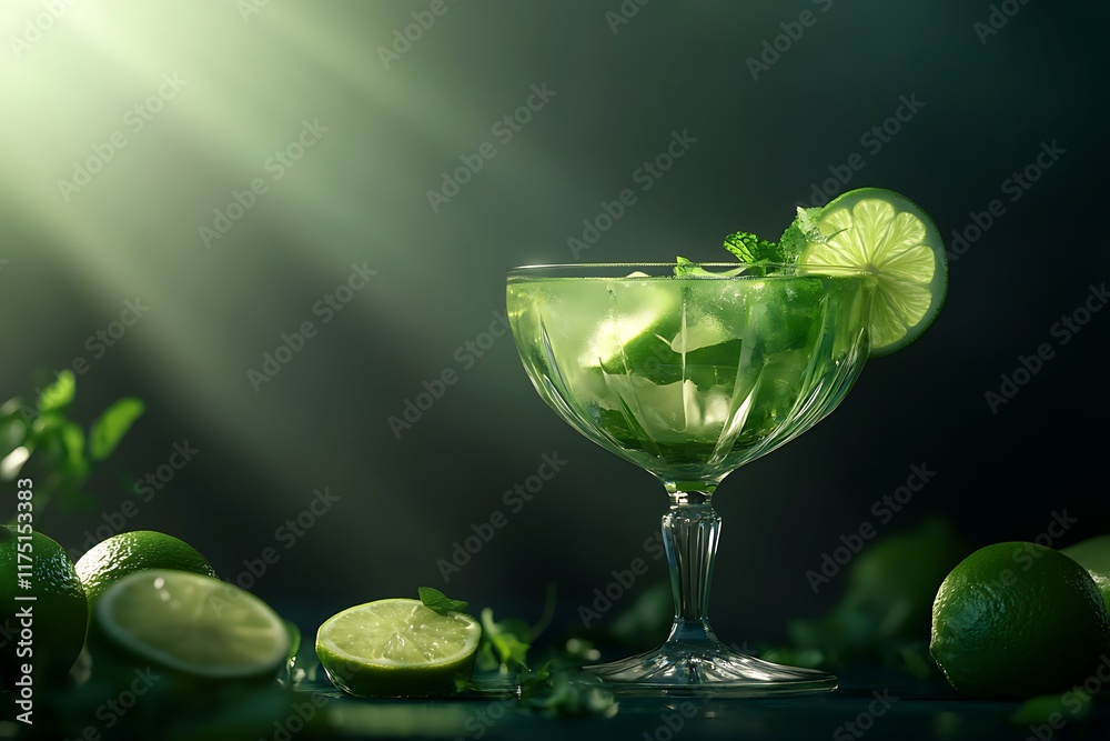 a cocktail with lime and mint Light green daiquiri alcoholic cocktail in conical cocktail glasses, decorated with lime slices, on a blurry dark background of shaker, strainer and lime halves a cocktail with lime and mint Light green daiquiri alcoholic cocktail in conical cocktail glasses, decorated with lime slices, on a blurry dark background of shaker, strainer and lime halves