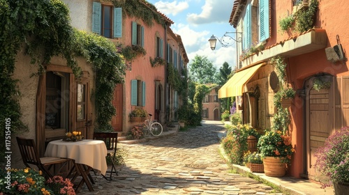 Fototapeta Naklejka Na Ścianę i Meble -  Narrow cobblestone street in a charming European village with yellow and beige stone buildings