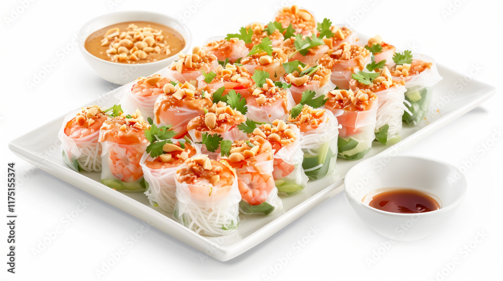 Fresh Vietnamese spring rolls filled with shrimp, herbs, and rice noodles, arranged on white platter with peanut and soy dipping sauces. Concept of healthy eating and vibrant Vietnamese cuisine Fresh Vietnamese spring rolls filled with shrimp, herbs, and rice noodles, arranged on white platter with peanut and soy dipping sauces. Concept of healthy eating and vibrant Vietnamese cuisine