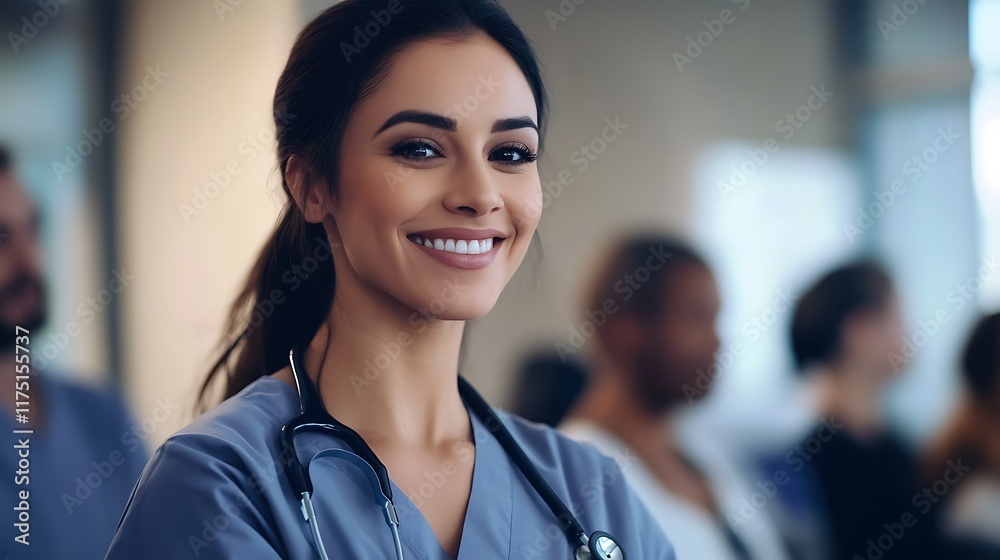 custom made wallpaper toronto digitalA confident female doctor in scrubs with a stethoscope, smiling and standing front row during a medical training session.
