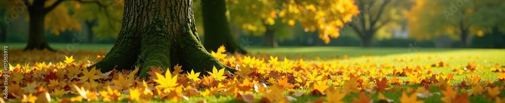 Yellow maple leaves scattered around the base of a tall tree, autumn, green Yellow maple leaves scattered around the base of a tall tree, autumn, green