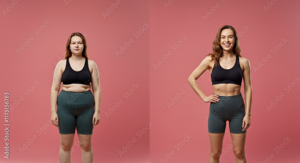 Women's fitness journey inspiration with positive body image on a pink background Women's fitness journey inspiration with positive body image on a pink background