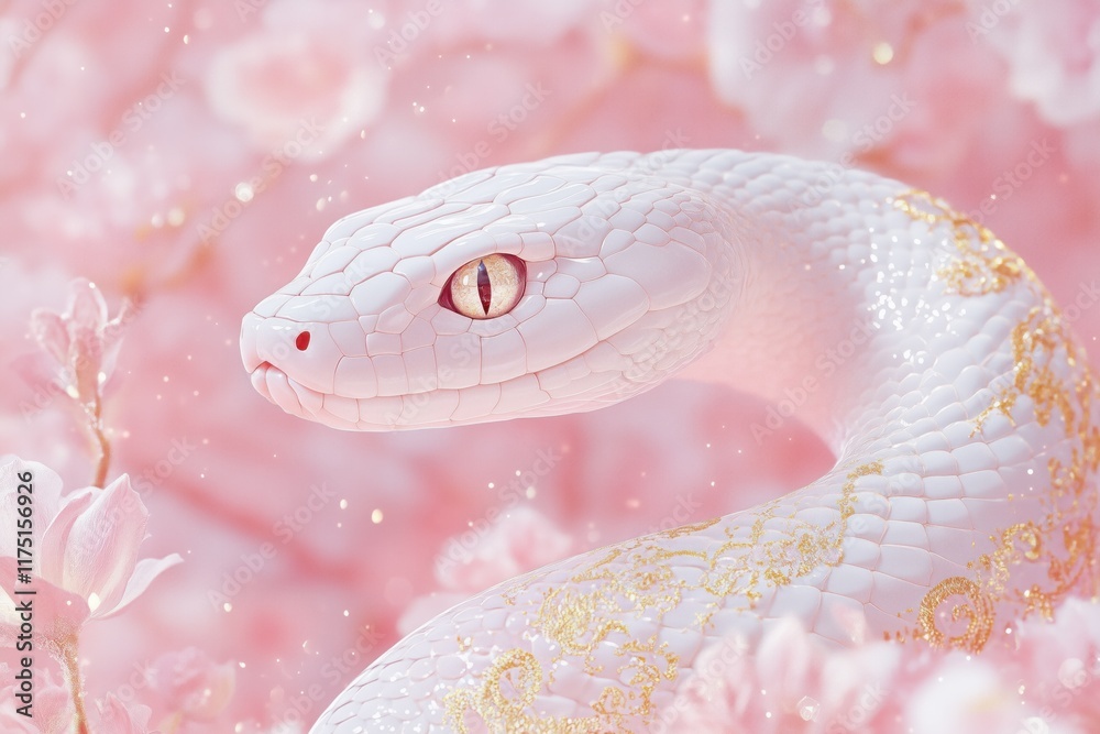 Fototapeta premium White snake with gold decorations slithering through pink flowers